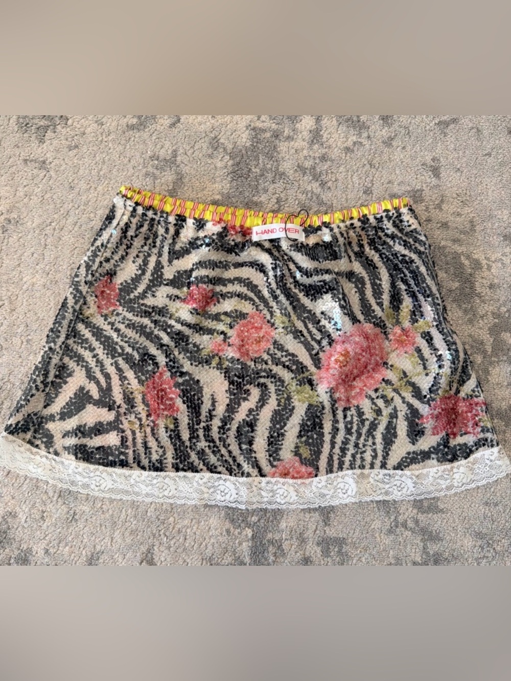 Hand Over Floral Sequin Zebra-Print Mini Skirt in Pink and Black
